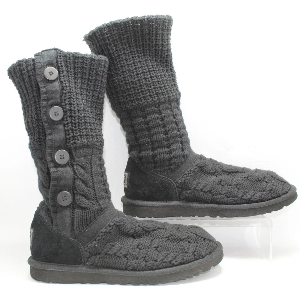 UGG Australia Lattice Cardy Black‎ Knit Button Tall Boots 1000464 Womens 9